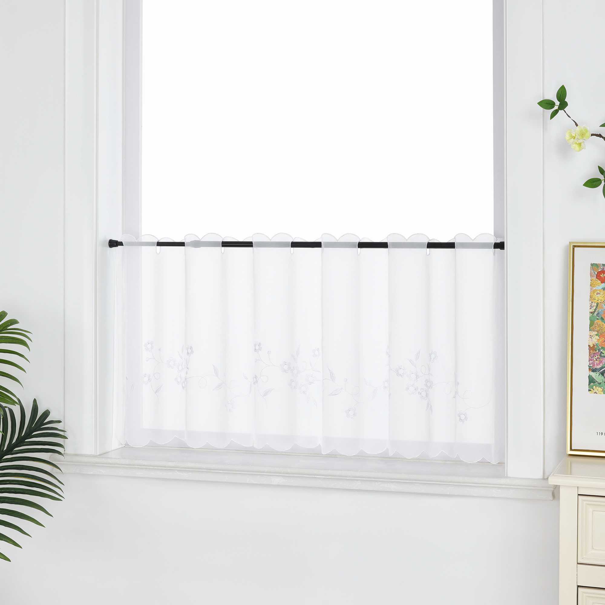 Farbige Stickerei Voile Scheibengardine Transparenter Café Vorhang Kurzstore mit Blüten-Stickerei - Joyswahl