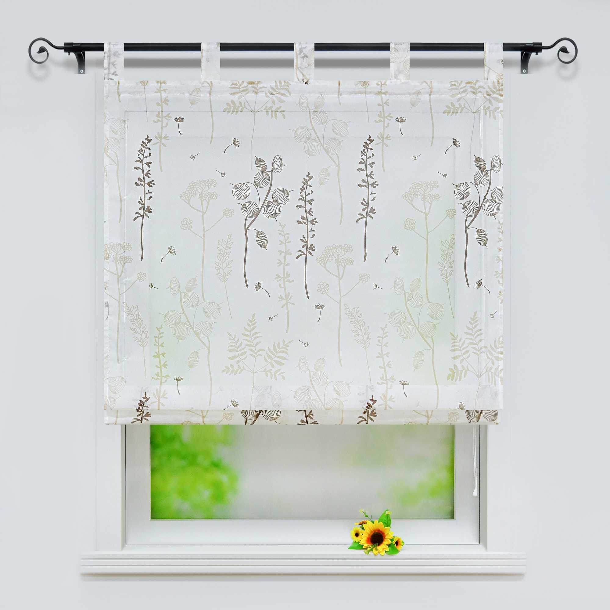 Raffrollo mit Schlaufen Voile Raffgardine Modern Küche Gardinen mit Laternenblume Muster Wohnzimmer Halbtransparent - Joyswahl