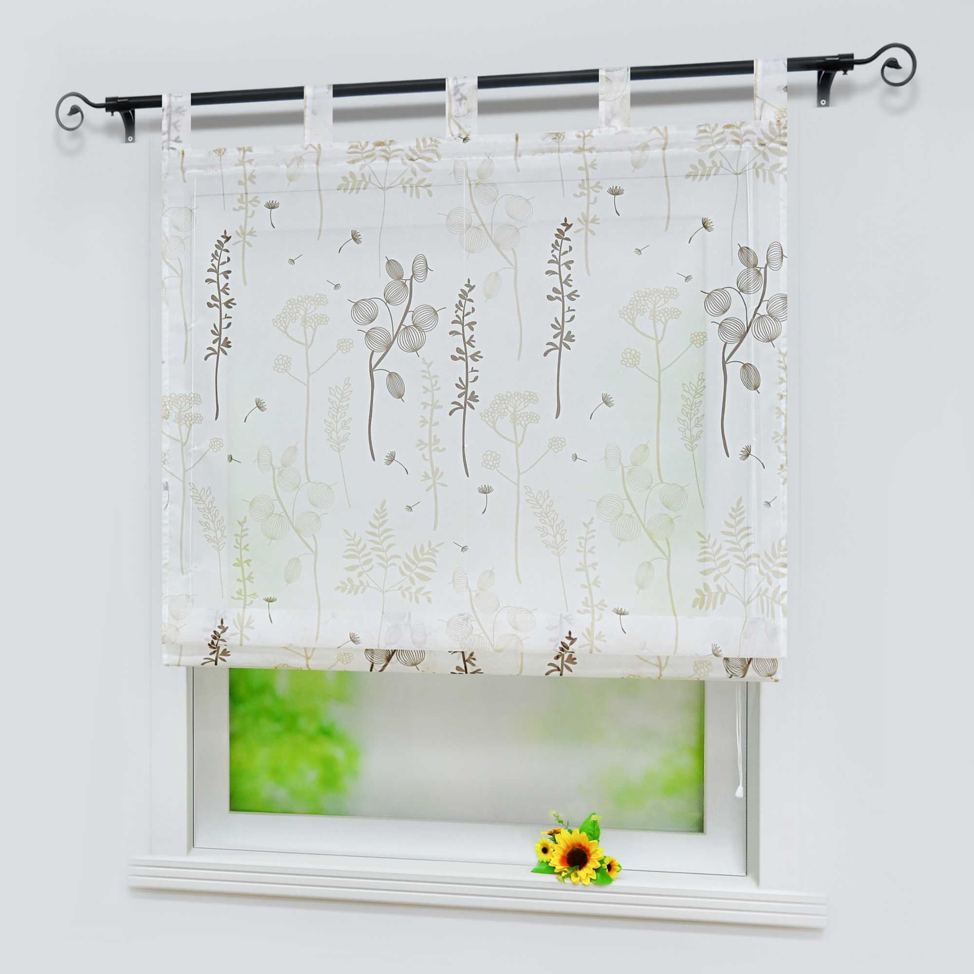 Raffrollo mit Schlaufen Voile Raffgardine Modern Küche Gardinen mit Laternenblume Muster Wohnzimmer Halbtransparent - Joyswahl