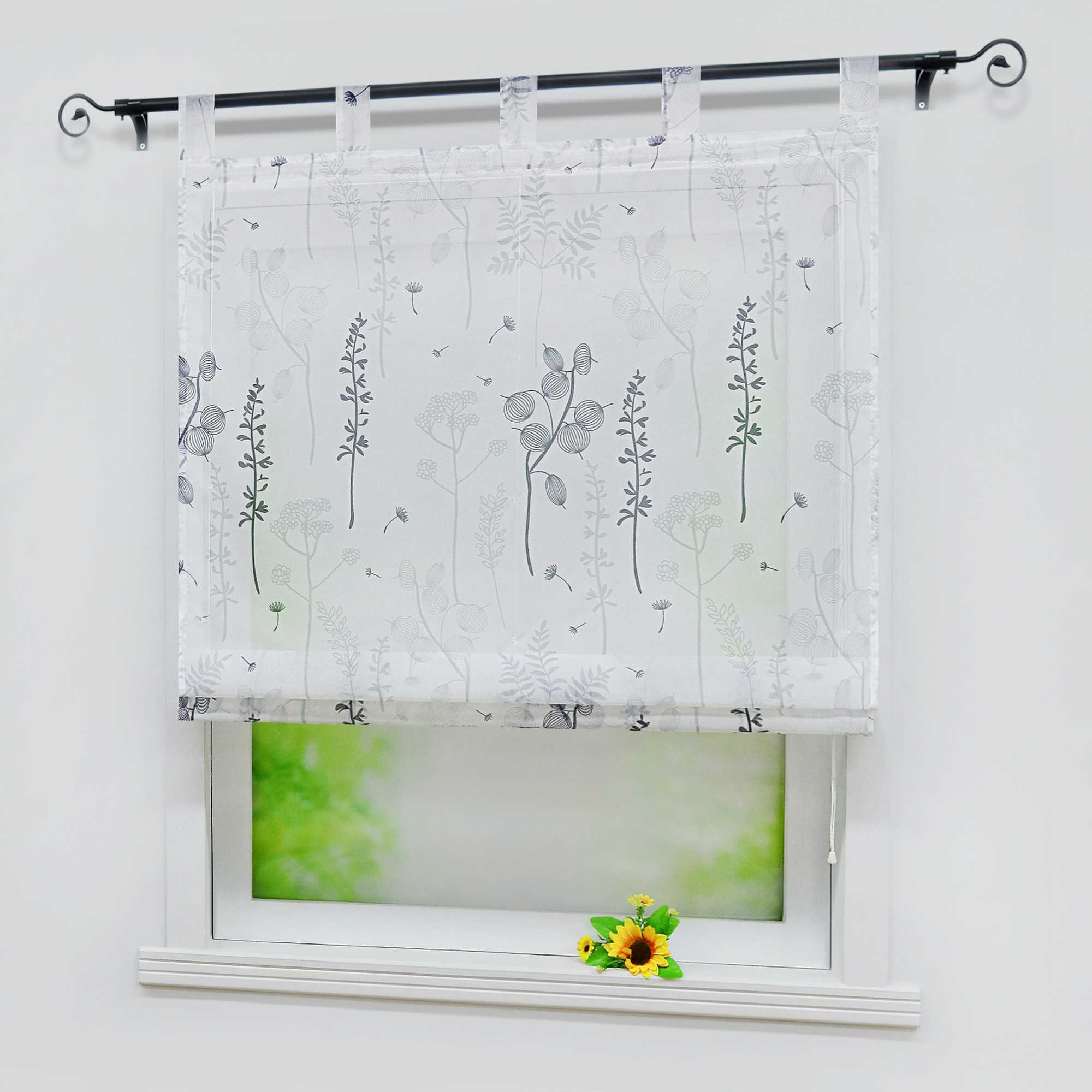 Raffrollo mit Schlaufen Voile Raffgardine Modern Küche Gardinen mit Laternenblume Muster Wohnzimmer Halbtransparent - Joyswahl