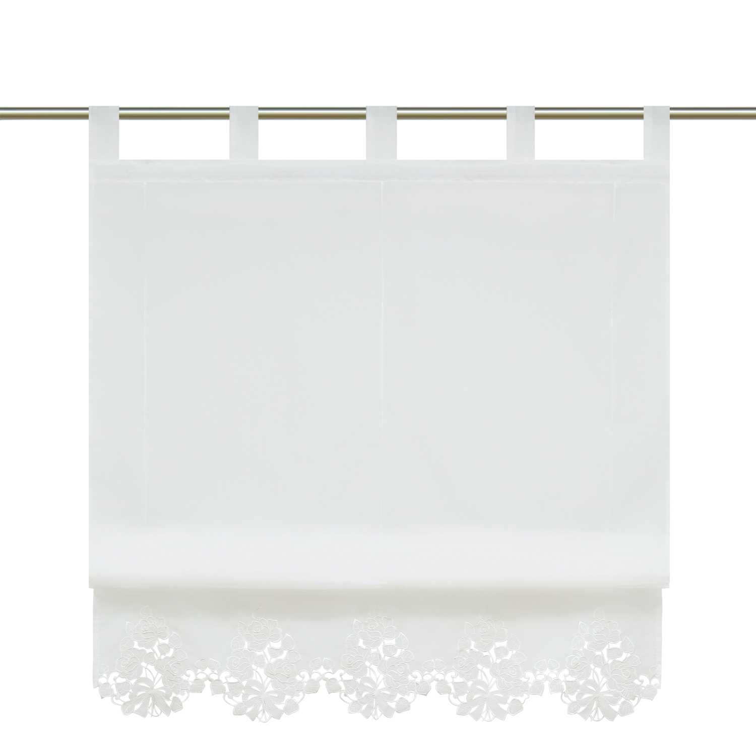 Raffrollo mit Schlaufen Modern Raffgardinen Voile Küche Gardine mit Stickerei Landhausstil Weiß - Joyswahl