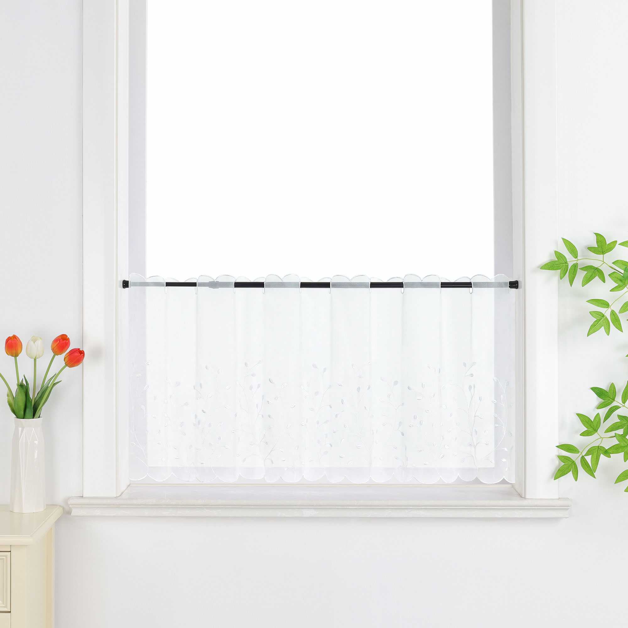 Scheibengardine mit Blumenstickerei Modern Voile Bistrogardine mit Lochleiste Unifarbige Kurzstores Landhausstil Transparent 1 Stück - Joyswahl