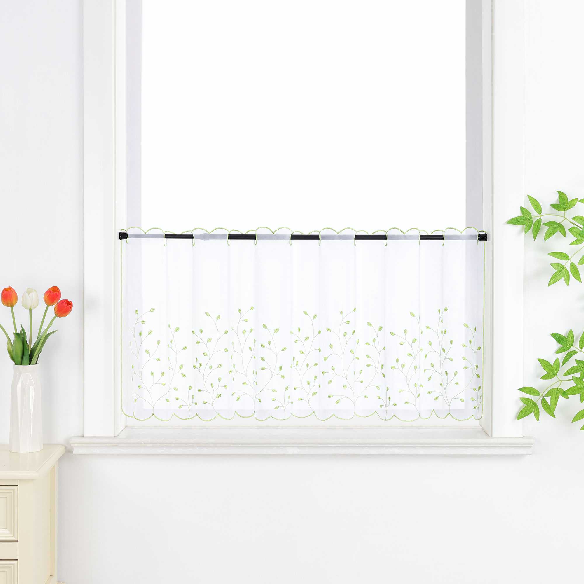 Scheibengardine mit Blumenstickerei Modern Voile Bistrogardine mit Lochleiste Unifarbige Kurzstores Landhausstil Transparent 1 Stück - Joyswahl
