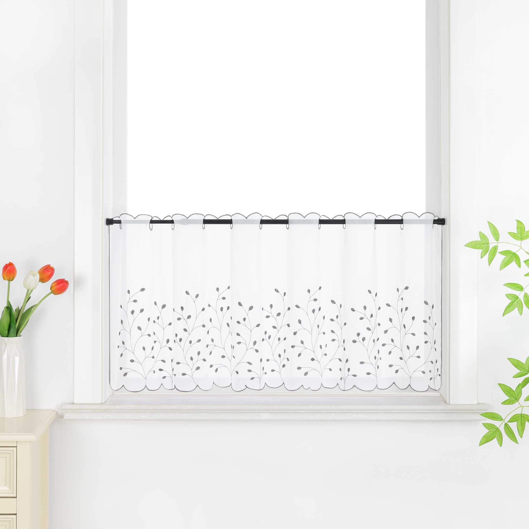 Scheibengardine mit Blumenstickerei Modern Voile Bistrogardine mit Lochleiste Unifarbige Kurzstores Landhausstil Transparent 1 Stück - Joyswahl