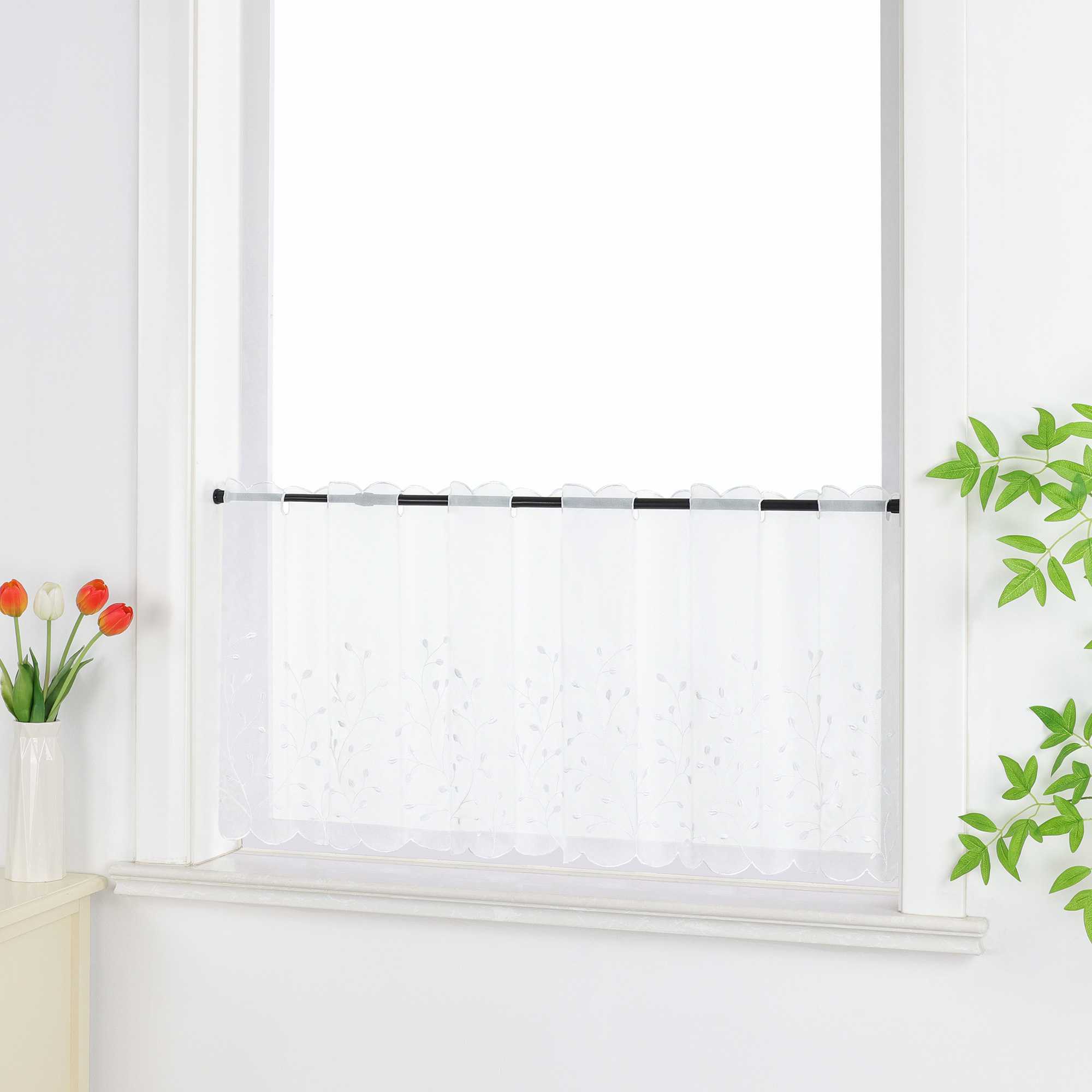 Scheibengardine mit Blumenstickerei Modern Voile Bistrogardine mit Lochleiste Unifarbige Kurzstores Landhausstil Transparent 1 Stück - Joyswahl