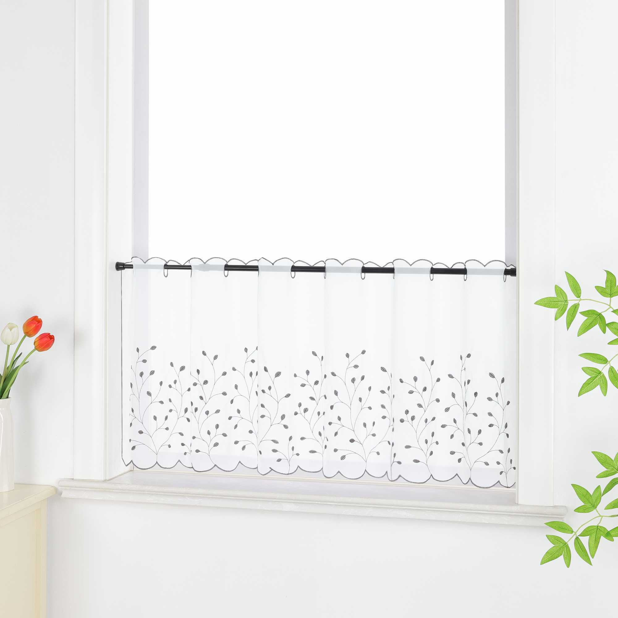 Scheibengardine mit Blumenstickerei Modern Voile Bistrogardine mit Lochleiste Unifarbige Kurzstores Landhausstil Transparent 1 Stück - Joyswahl