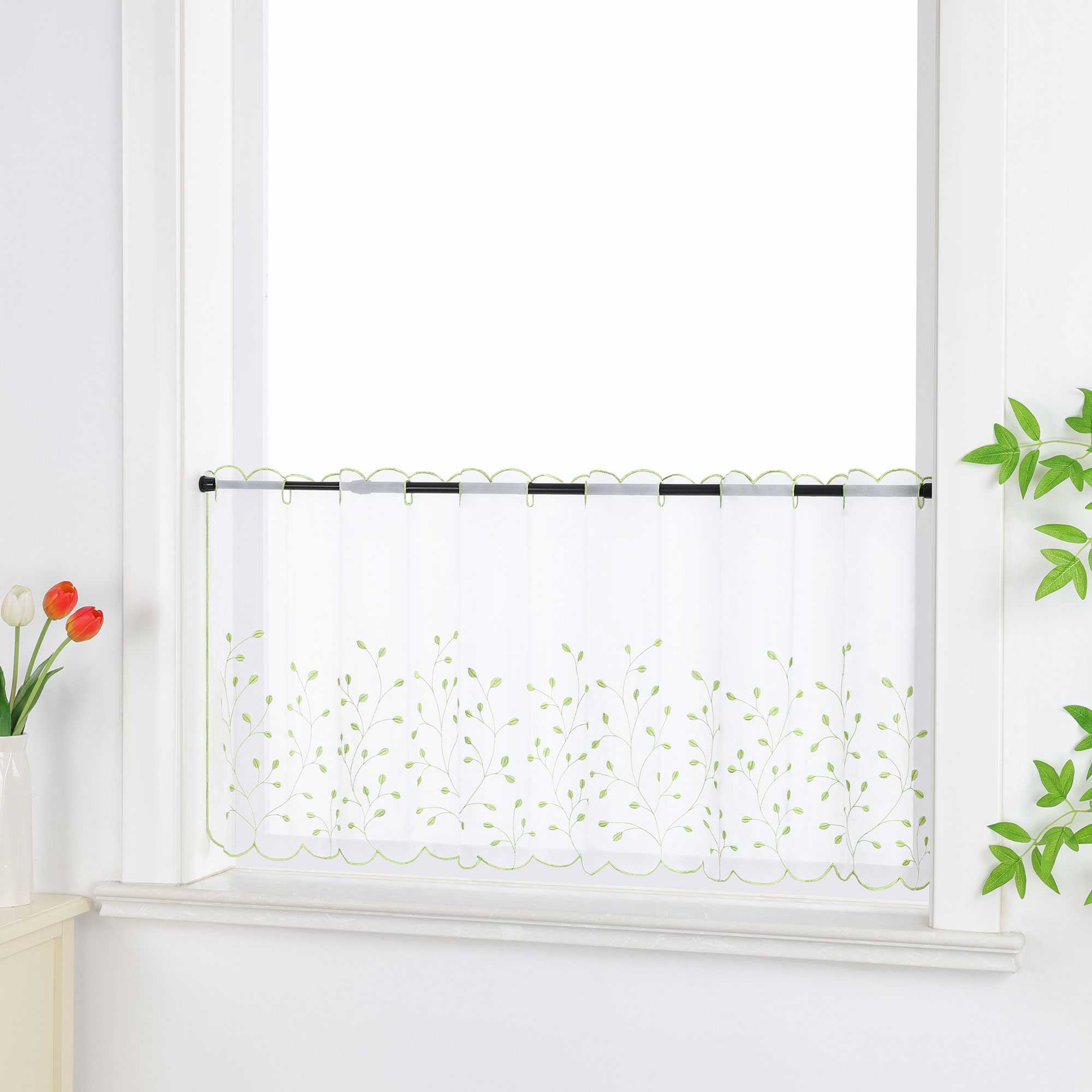 Scheibengardine mit Blumenstickerei Modern Voile Bistrogardine mit Lochleiste Unifarbige Kurzstores Landhausstil Transparent 1 Stück - Joyswahl
