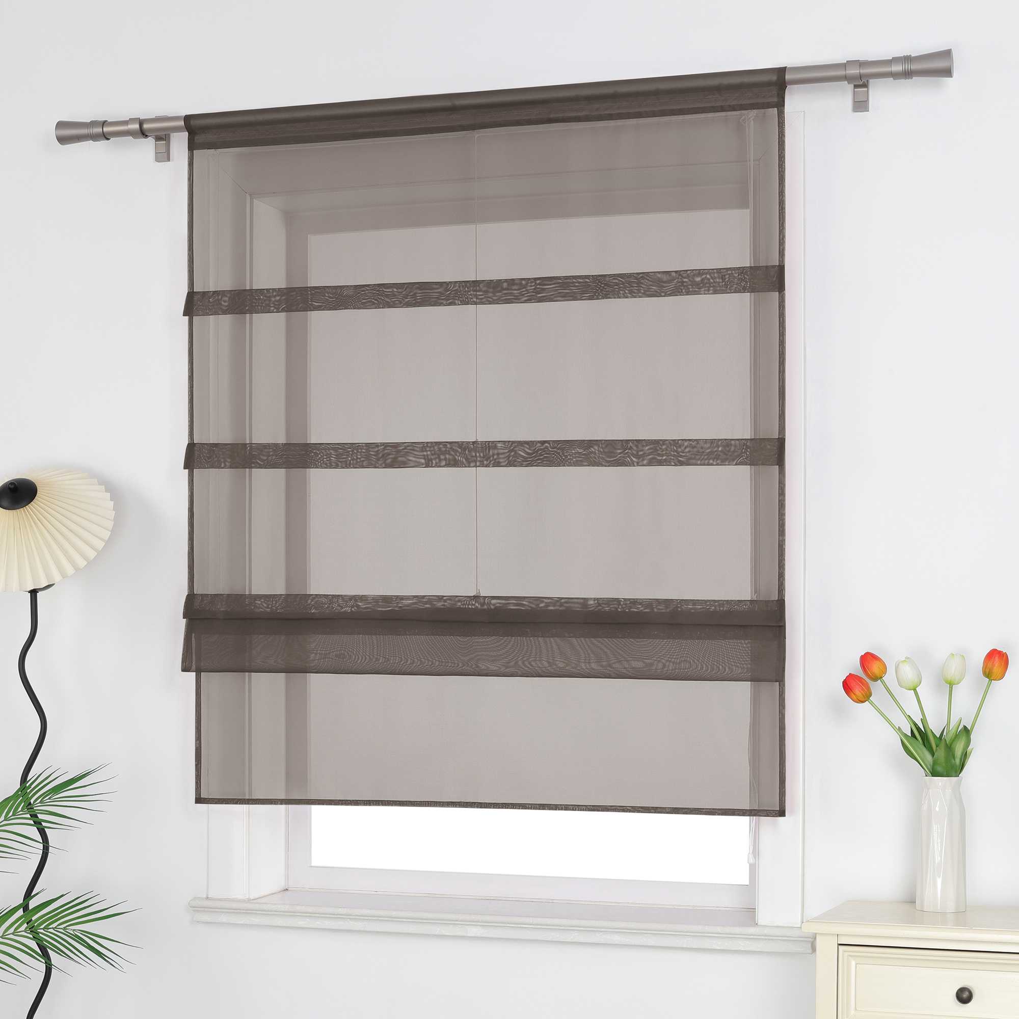 Raffrollo Voile Raffgardinen durch Tunnelzug Bändchenrollo Küche Gardinen Transparent Uni 1 Stück - Joyswahl