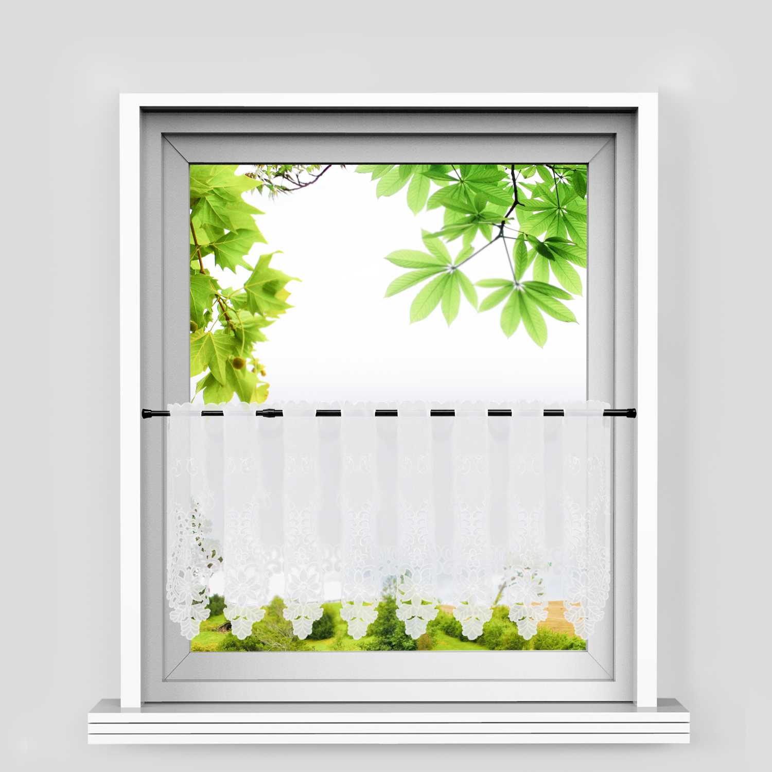 Scheibengardine Modern Bistrogardine durch Tunnelzug Halbtransparent Küche Kurzgardine Lasercut Blumenmuster - Joyswahl