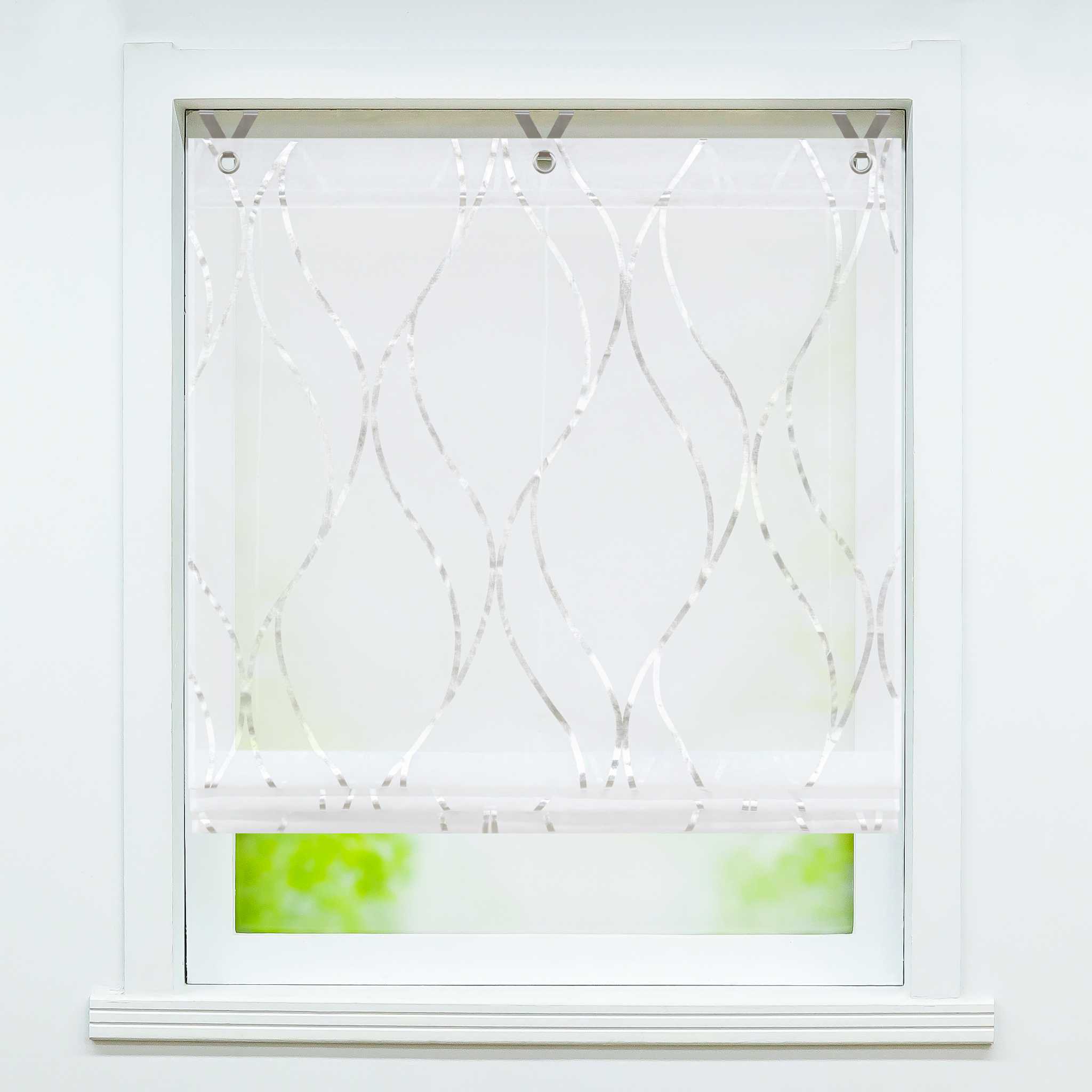 Rollos mit Ösen Gardinen Küche Raffgardinen Transparent Ösenrollo Vorhänge Mit Wellen-Druck Modern Voile 1 Stück - Joyswahl