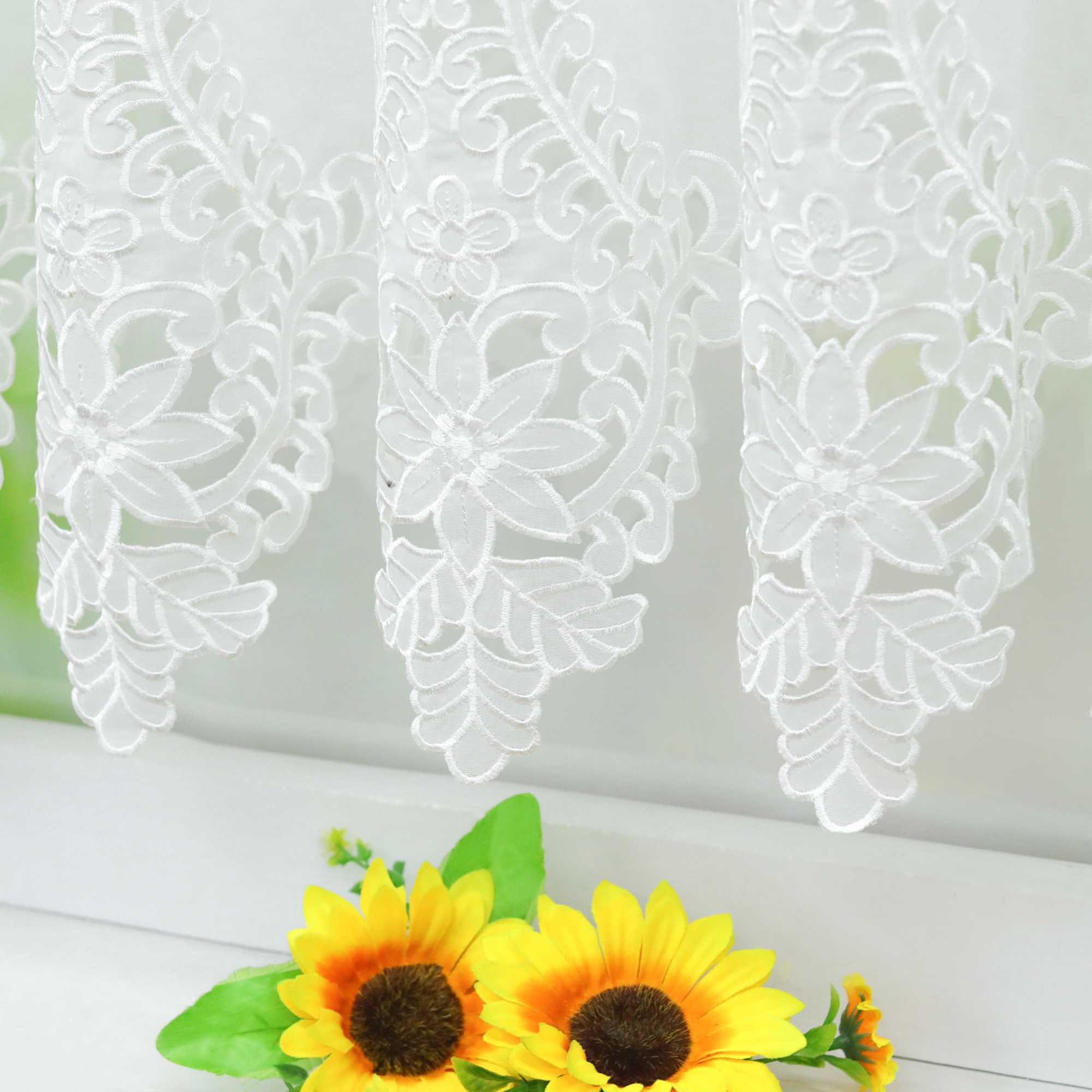 Scheibengardine Modern Bistrogardine durch Tunnelzug Halbtransparent Küche Kurzgardine Lasercut Blumenmuster - Joyswahl