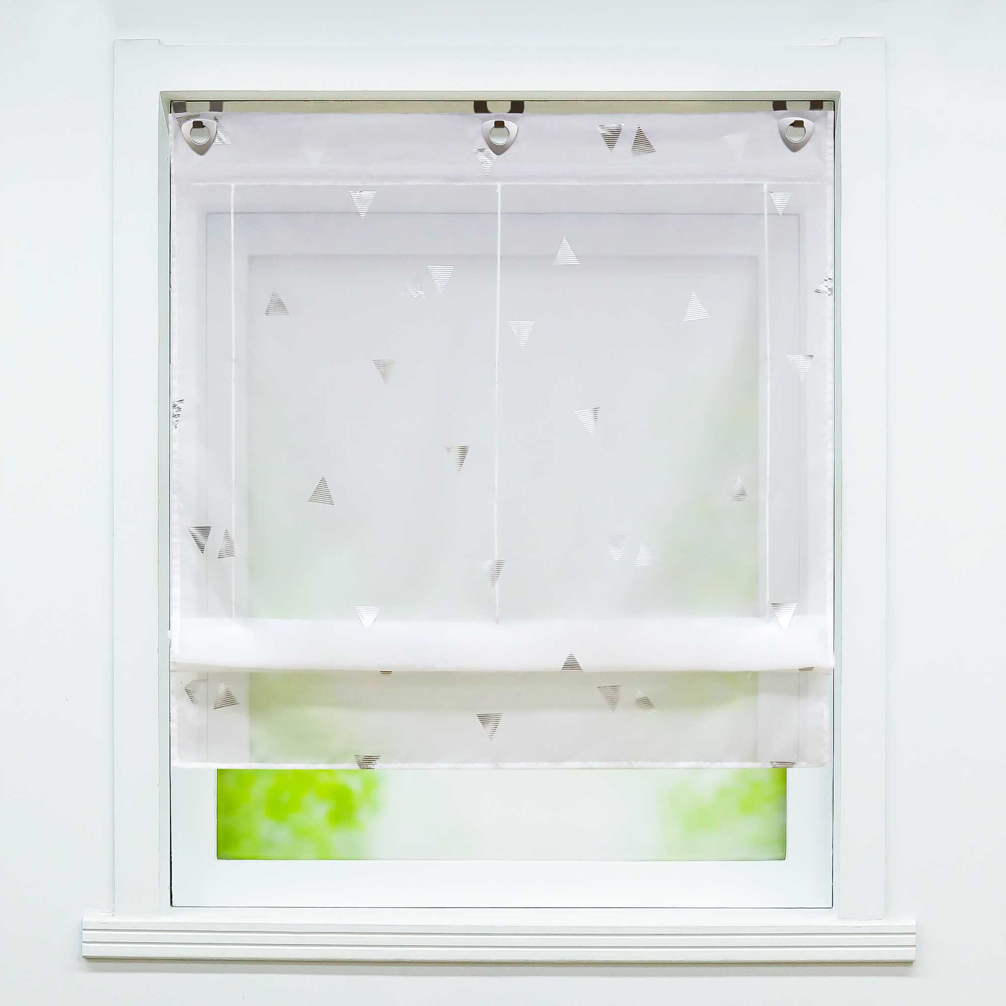 Raffrollo ohne Bohren mit Hakenaufhängung Voile Ösenrollo mit Glanzdruck Fenster Küche Gardinen Transparent Weiß 1 Stück - Joyswahl