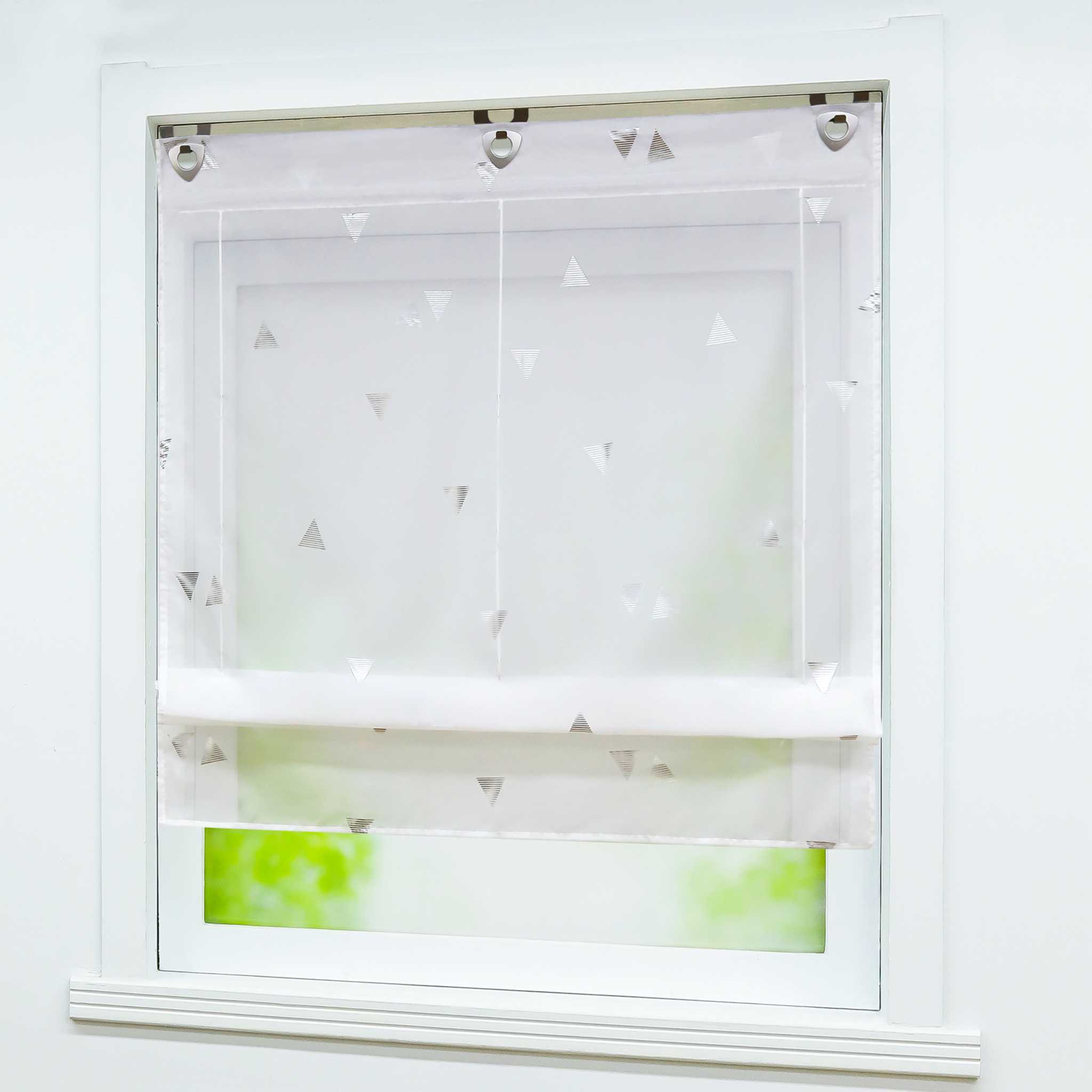 Raffrollo ohne Bohren mit Hakenaufhängung Voile Ösenrollo mit Glanzdruck Fenster Küche Gardinen Transparent Weiß 1 Stück - Joyswahl