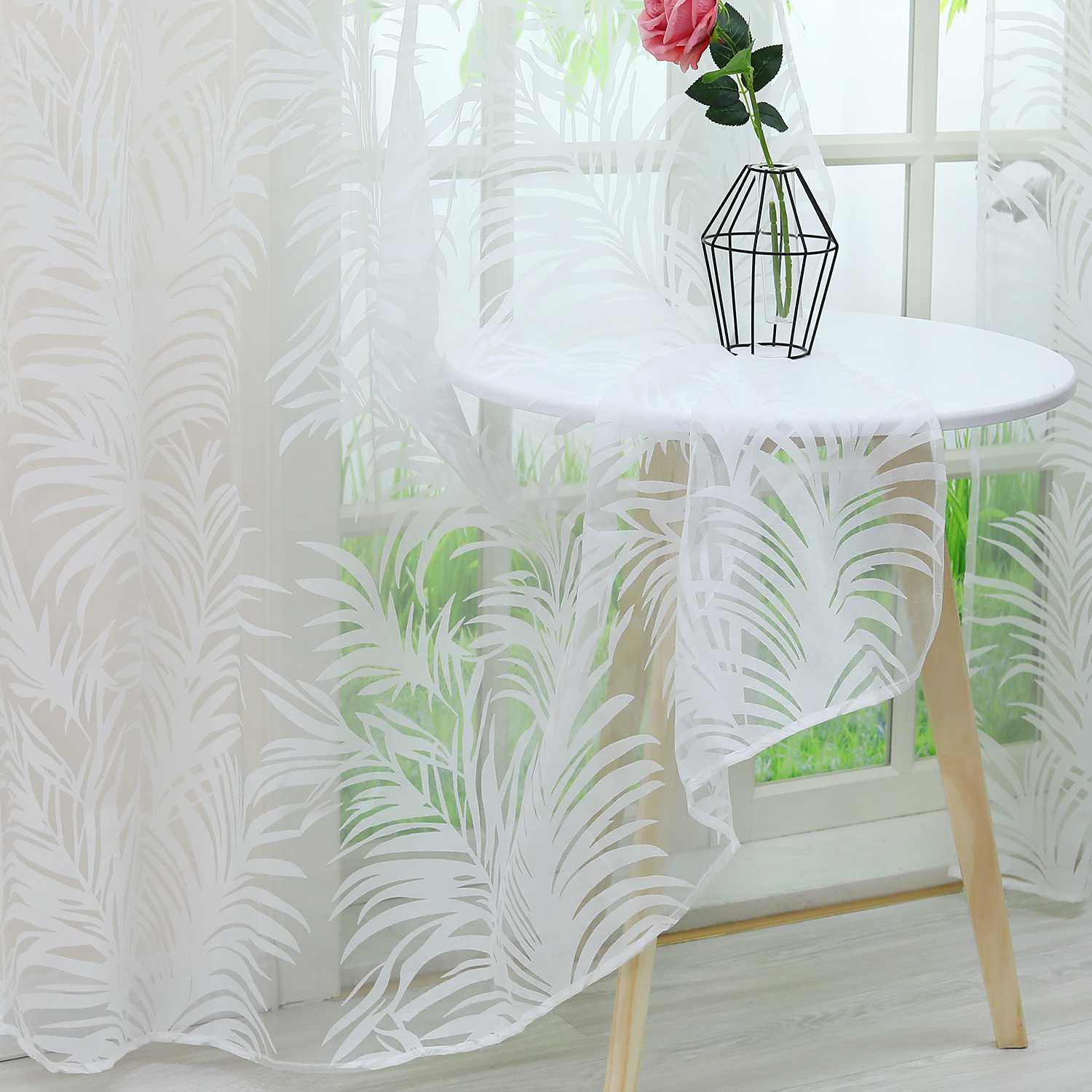 Voile Gardine in Ausbrenner mit Blätter Muster transparenter Vorhang Unifarbiges Schals Wohnzimmer Fensterschal 1 Stück - Joyswahl
