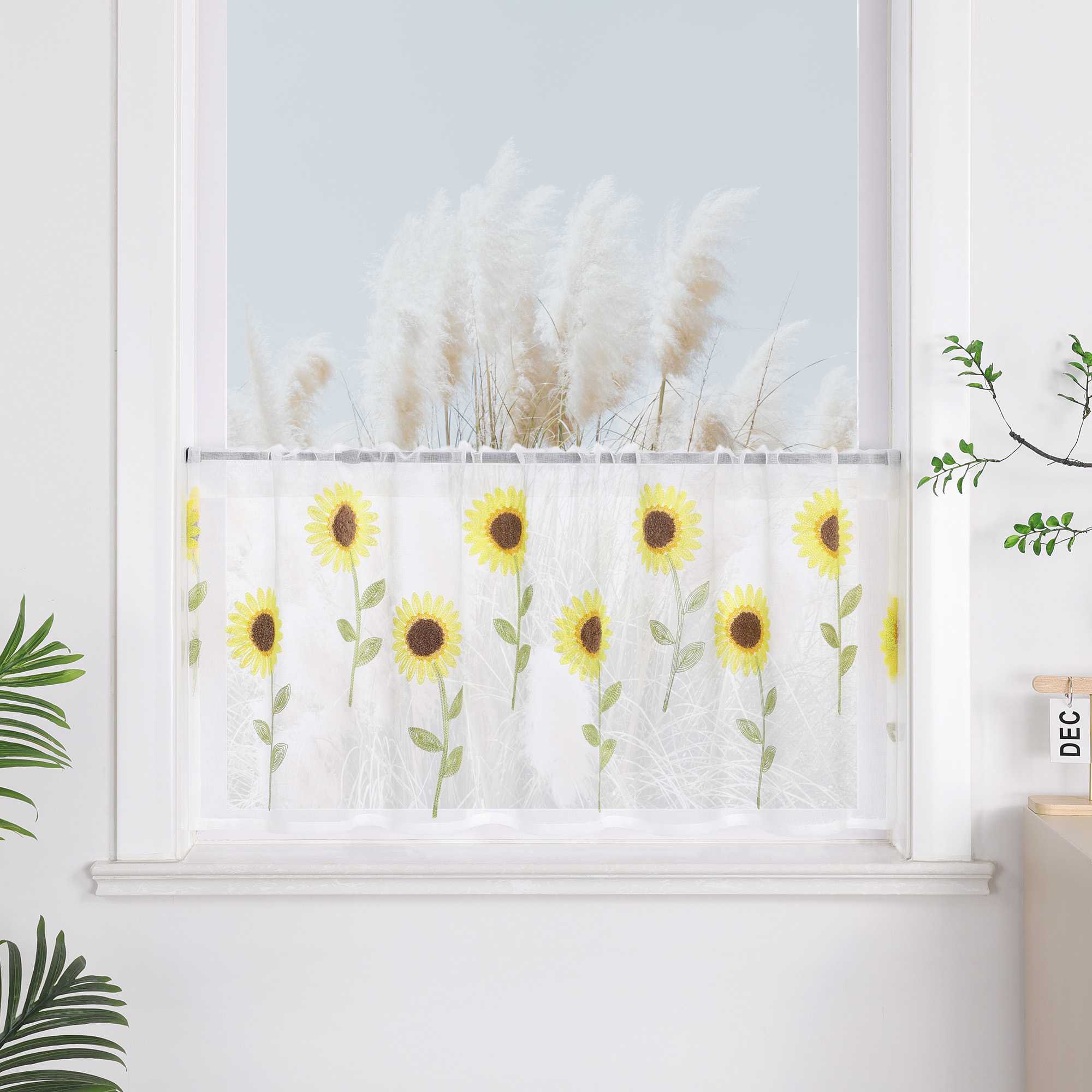 Scheibengardinen Bistrogardinen durch Tunnelzug Voile Küche Kinderzimmer mit Sonnenblume Stickerei Halbtransparent - Joyswahl