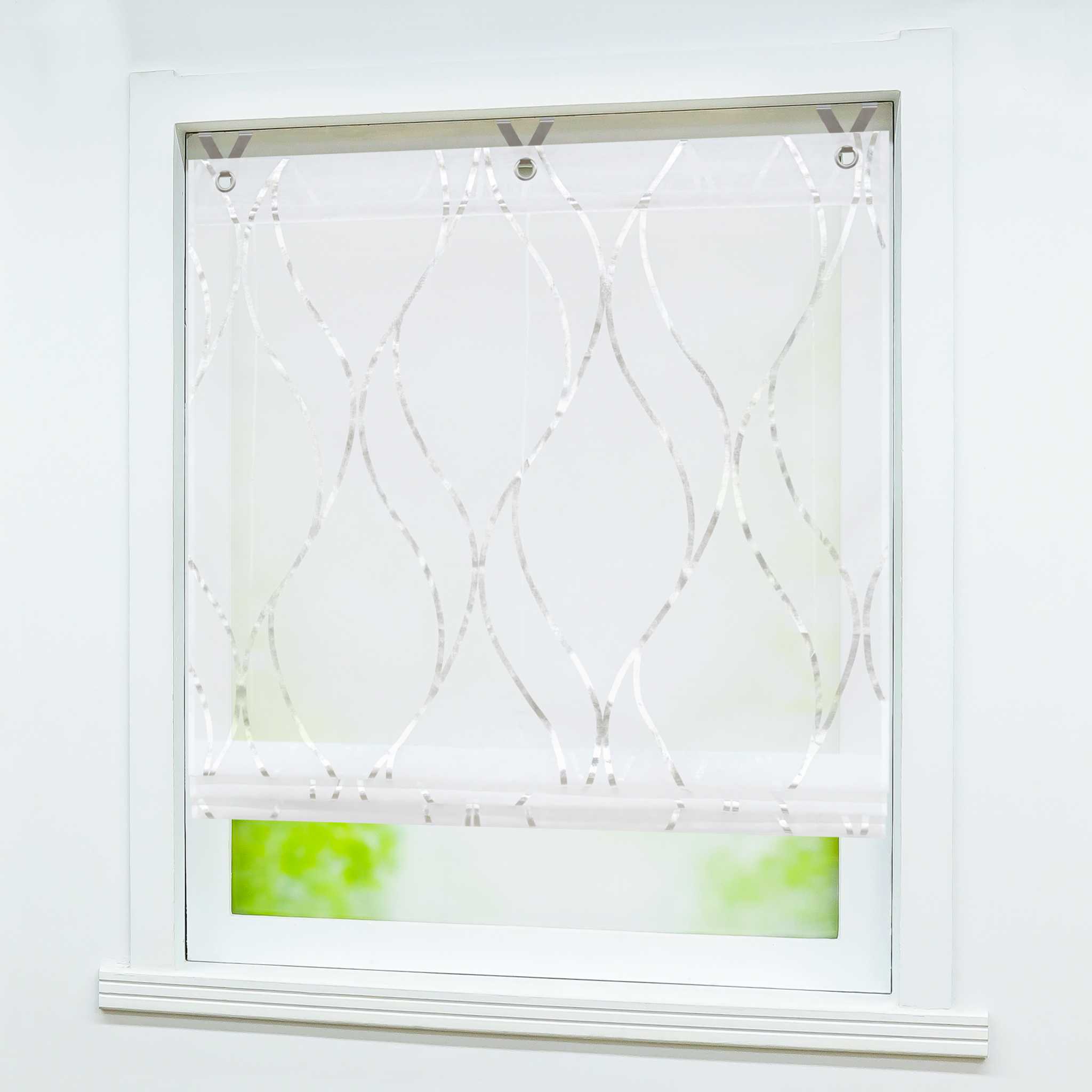 Rollos mit Ösen Gardinen Küche Raffgardinen Transparent Ösenrollo Vorhänge Mit Wellen-Druck Modern Voile 1 Stück - Joyswahl