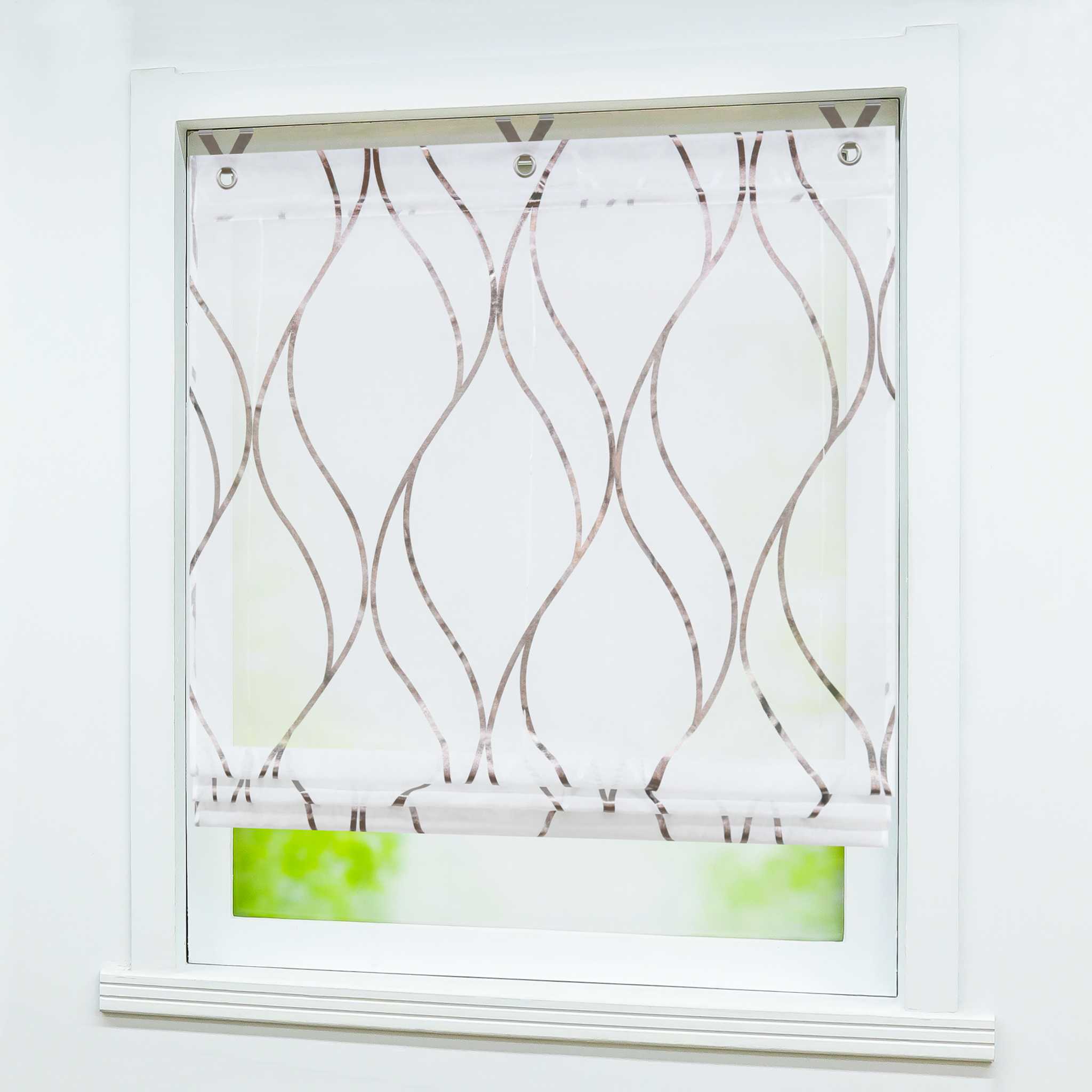 Rollos mit Ösen Gardinen Küche Raffgardinen Transparent Ösenrollo Vorhänge Mit Wellen-Druck Modern Voile 1 Stück - Joyswahl